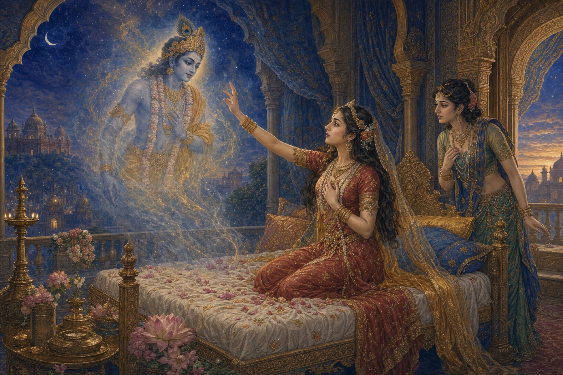 Princess Usha awakens after dreaming of Aniruddha while Citralekha listens nearby